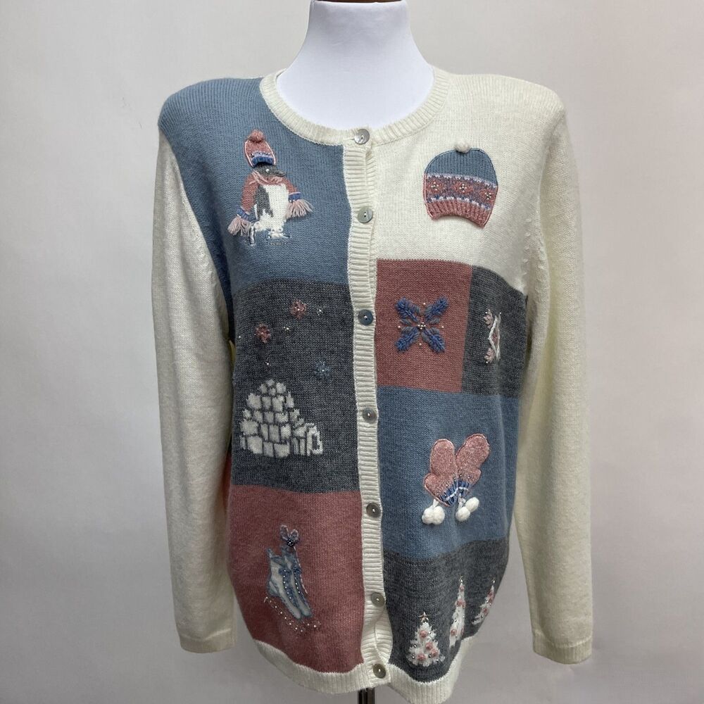 Alfred Dunner Christmas Cardigan Sweater Large X-Large Ivory Blue Pink LS